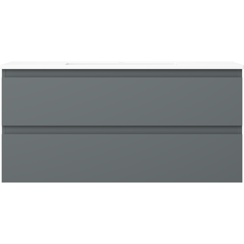 Servant med skap i grafitt matt med to brede skuffer og hvit benkeplate, sett rett forfra.