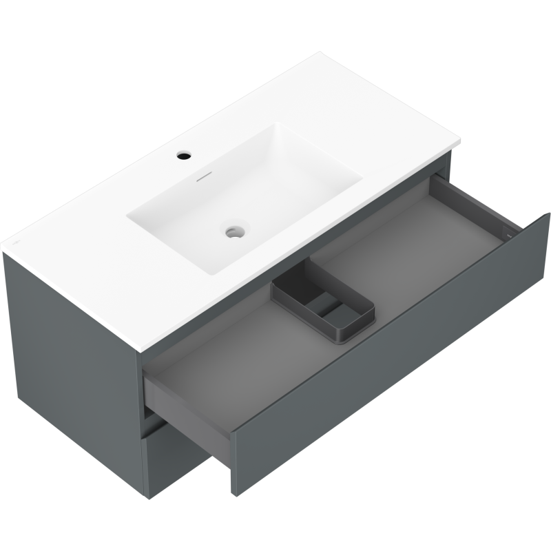 Baderomsskap med vask Mexen Orio 100 cm i grafitt matt med åpen skuff og innsatsboks, sett skrått ovenfra.