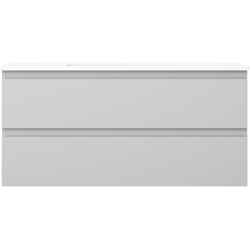 Servant med skap i hvit matt finish med to brede skuffer og minimalistisk design uten håndtak.