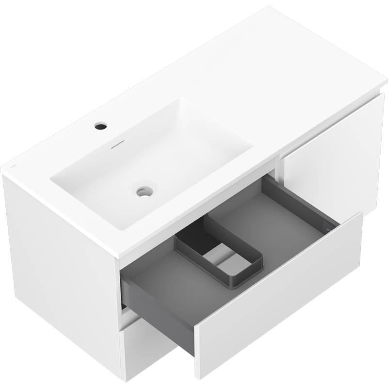 Baderomsskap med vask 100 cm hvit matt Mexen Orio Otis med åpen grå skuff sett ovenfra.