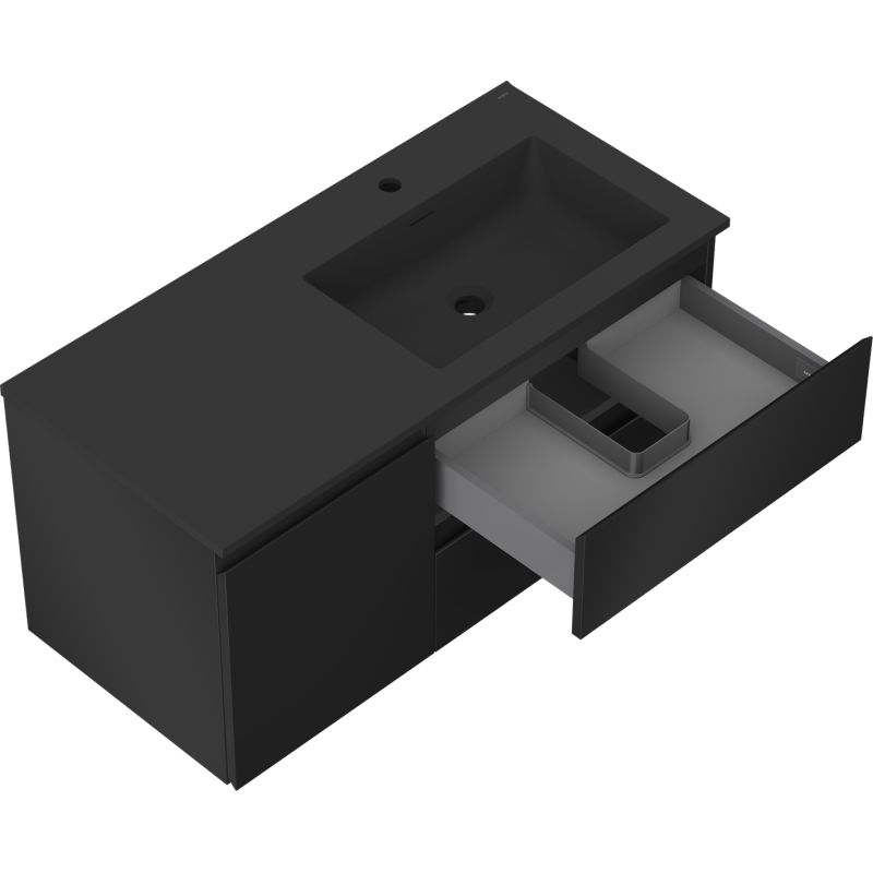 Baderomsskap med vask i matt svart med integrert servant og åpen skuff sett skrått ovenfra.