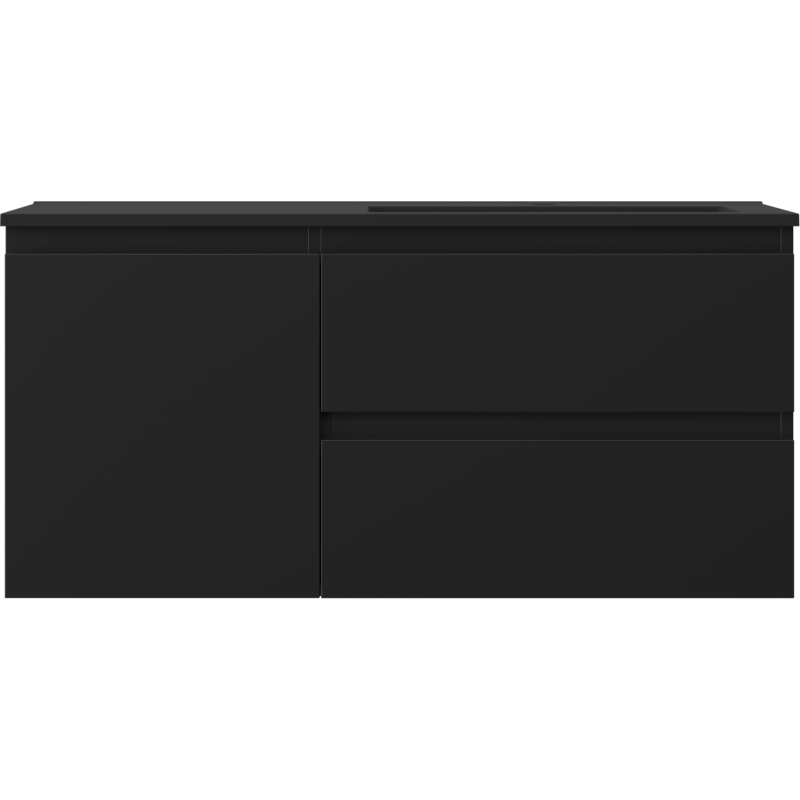 Servant med skap i svart matt 100 cm, én dør til venstre og to skuffer til høyre.