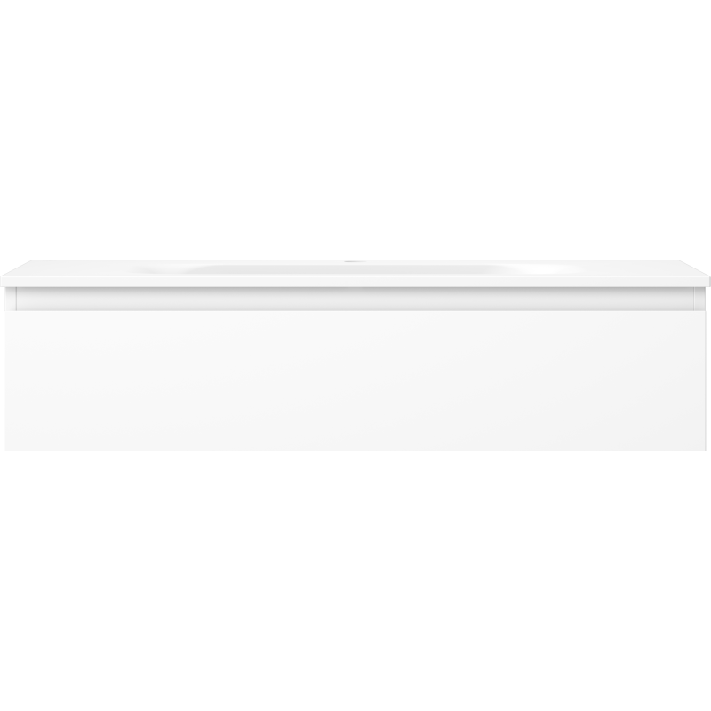 Servant med skap i hvit matt utførelse, rektangulært og vegghengt, minimalistisk design uten håndtak.