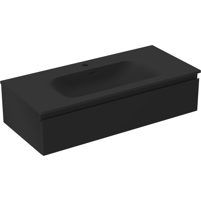 Servantskap med vask 100 cm svart matt, sett skrått forfra med integrert vask og ett armaturhull.