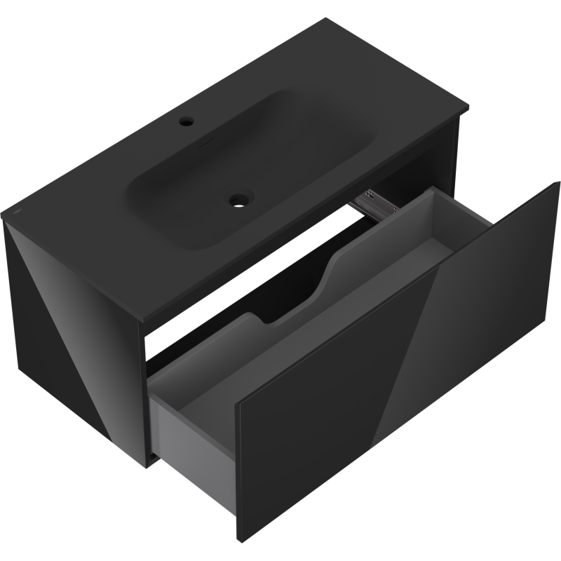 Baderomsskap med vask Mexen Orio 100 cm i svart matt, åpen skuff med utsparing til rør, sett ovenfra.