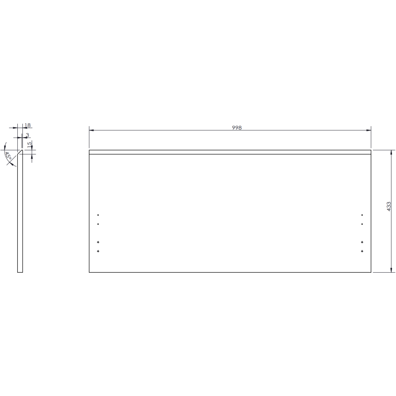 Servantskap med vask teknisk tegning med mål, monteringshull og sidevisning for Mexen Orio 100 cm.
