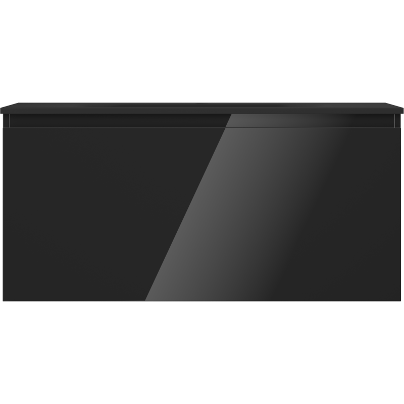 Servant med skap i svart høyglans, sett ovenfra med reflekterende overflate og minimalistisk design.