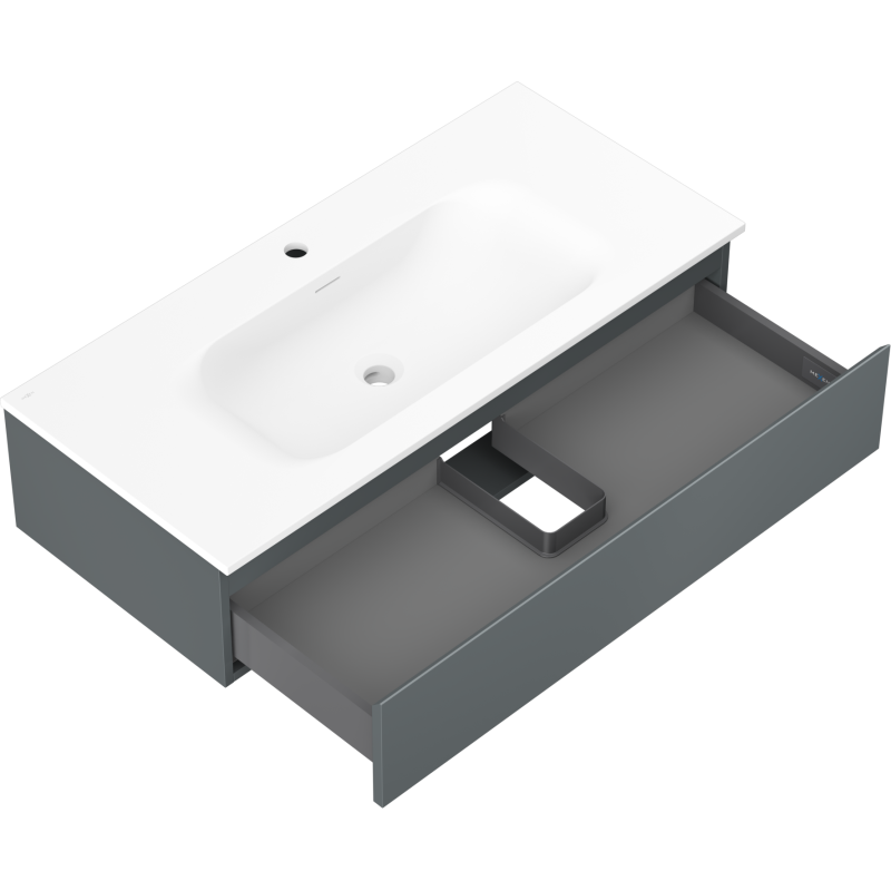 Baderomsskap med vask Mexen Orio 100 cm grafitt matt med åpen skuff og hvit servant sett ovenfra.