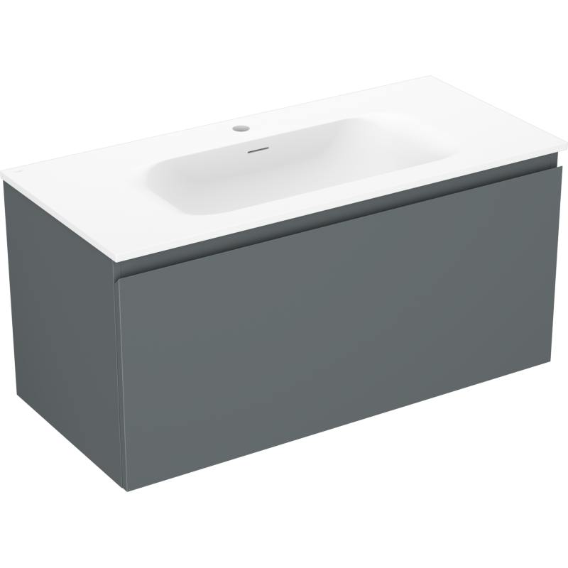 Servantskap med vask 100 cm grafitt matt med hvit porselenstopp og rektangulær skuff, sett skrått forfra.