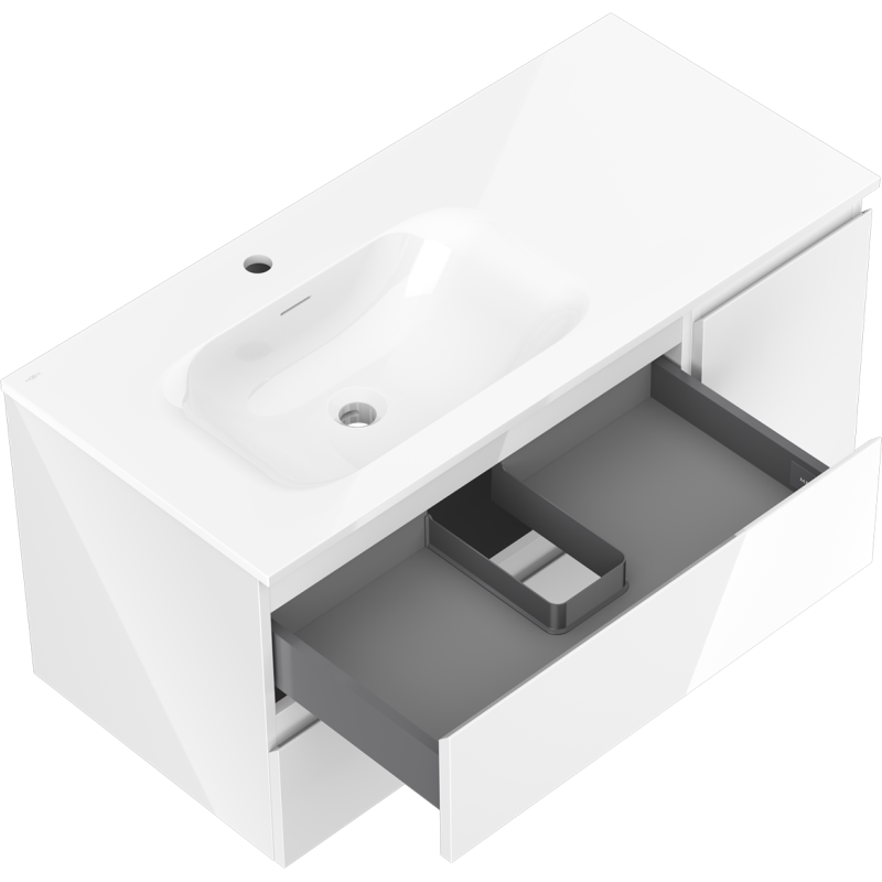 Baderomsskap med vask Mexen Orio Vela hvit høyglans, skrå oversikt, grå skuff trukket ut.