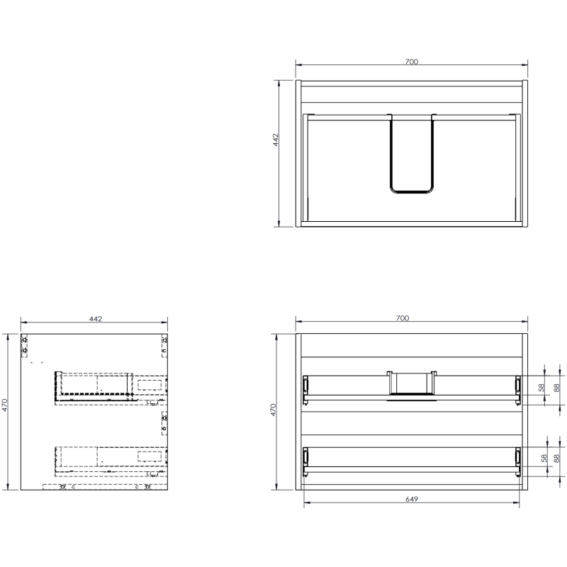 Servantskap med vask teknisk tegning med mål og detaljer for Mexen Orio Vela 100 cm venstre.
