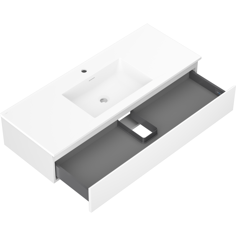 Baderomsskap med vask 120 cm i hvit matt, åpen skuff med grått interiør og avløpsutskjæring.