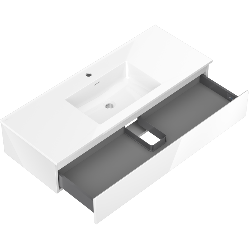 Baderomsskap med vask Mexen Orio 120 cm hvit, sett ovenfra med åpen skuff og rektangulær servant.