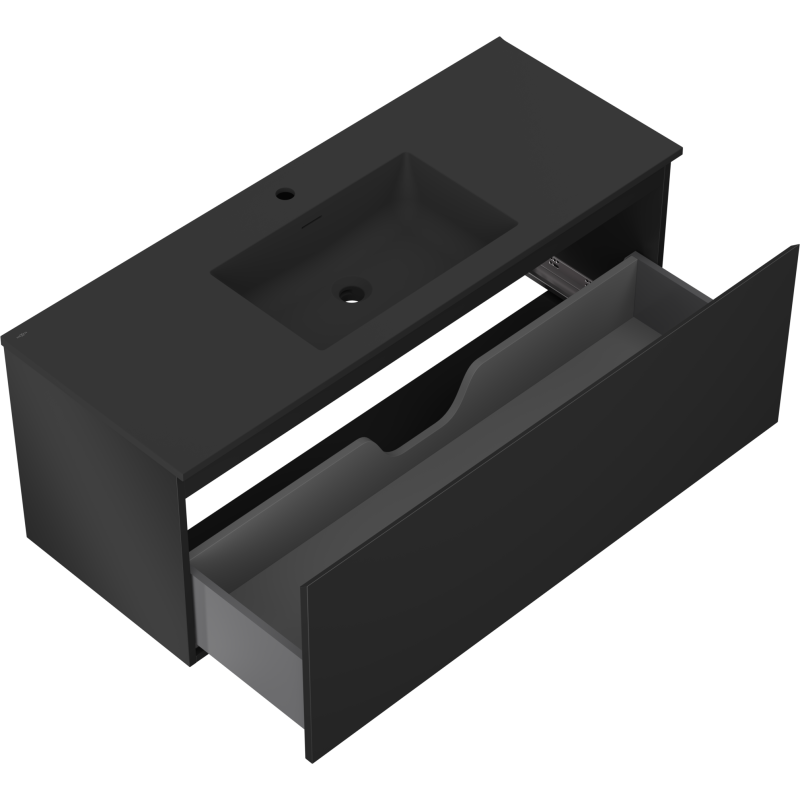 Baderomsskap med vask Mexen Orio 120 cm i svart matt, sett ovenfra med åpen skuff og heldekkende servant.