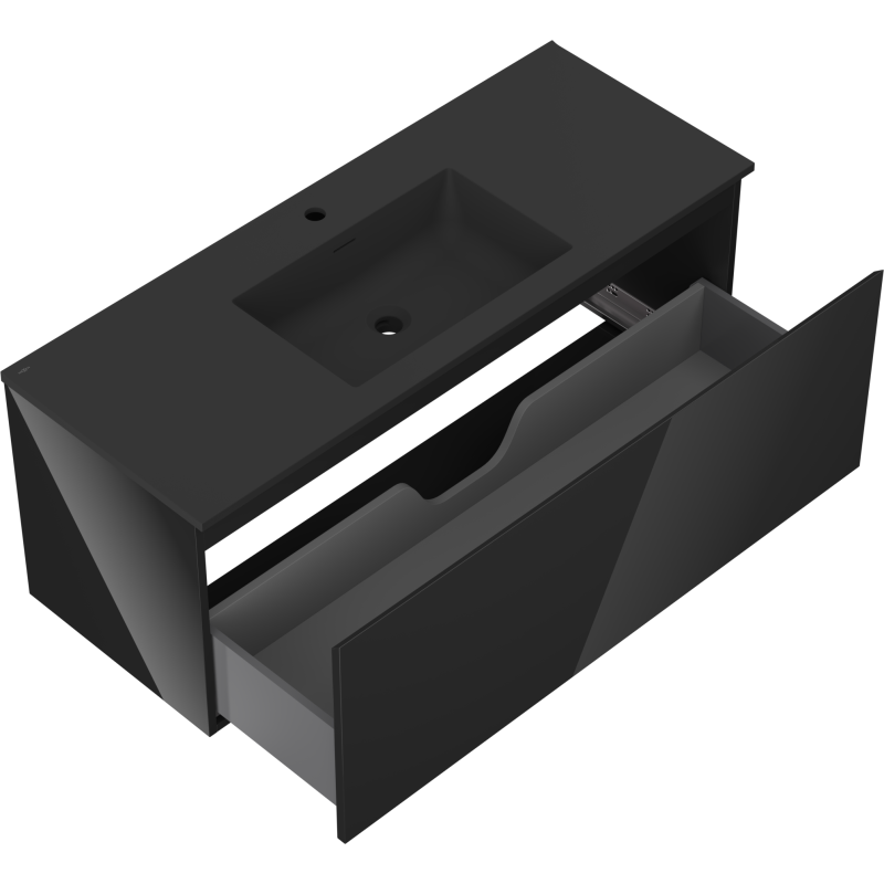 Baderomsskap med vask 120 cm svart med uttrekt skuff og matt overflate, sett ovenfra.