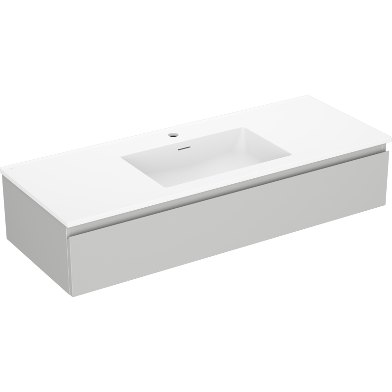 Servantskap med vask 120 cm i grå matt og bøhvit, vegghengt med avlang skuff, sett fra skrå vinkel.