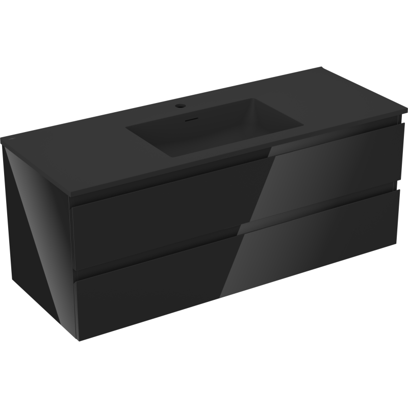 Servantskap med vask 120 cm svart, to skuffer, matt overflate, sett skrått forfra.