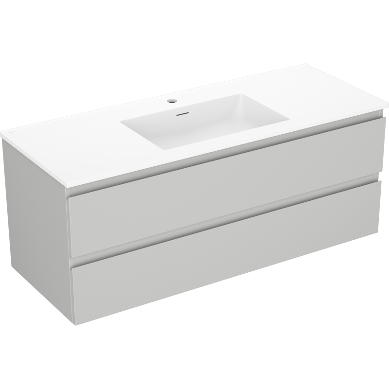 Servantskap med vask 120 cm Mexen Orio i grå/blå med to skuffer, sett fra skrå vinkel.