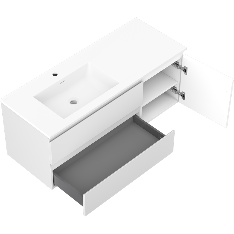 Baderomsskap med servant 120 cm hvit matt, stor skuff og åpen dør viser romslig oppbevaring.