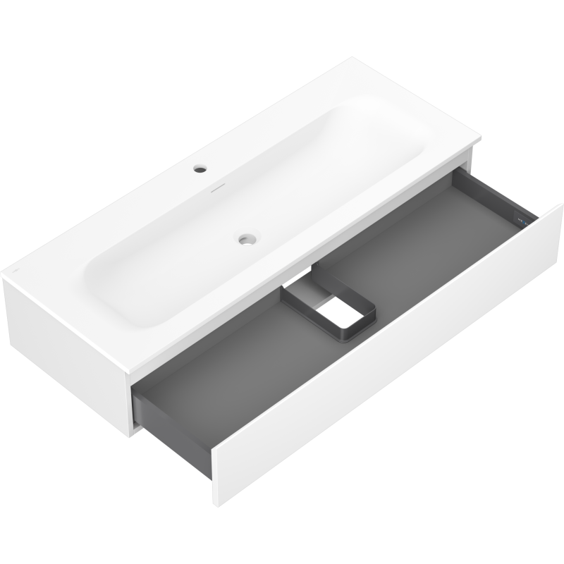 Baderomsskap med vask Mexen Orio Vela 120 cm hvit matt, åpen grå skuff med utsparing.