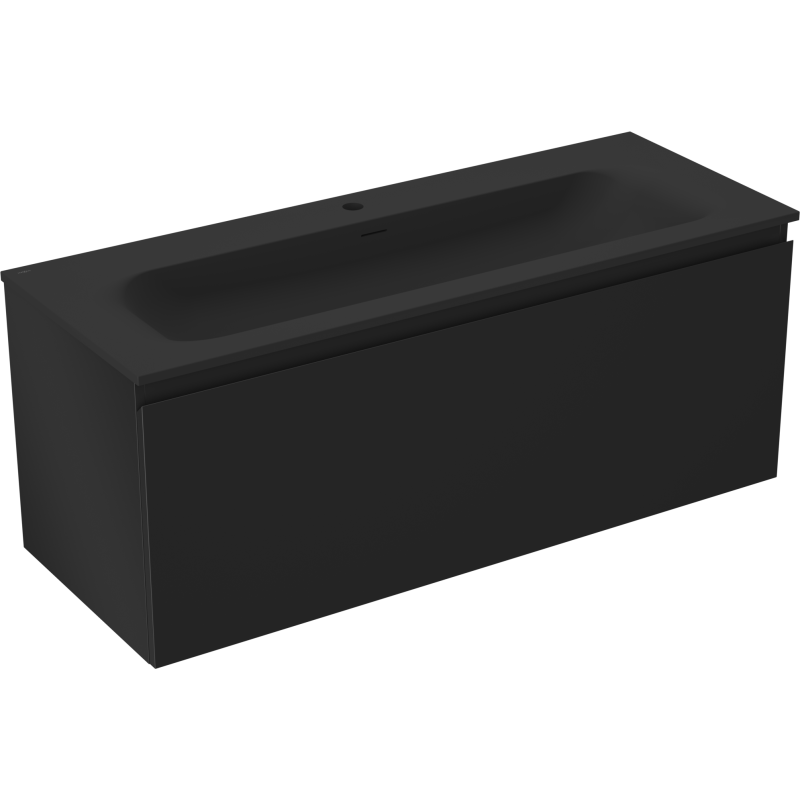 Servantskap med vask 120 cm i svart matt med én skuff, sett skrått forfra, integrert rektangulær vask.