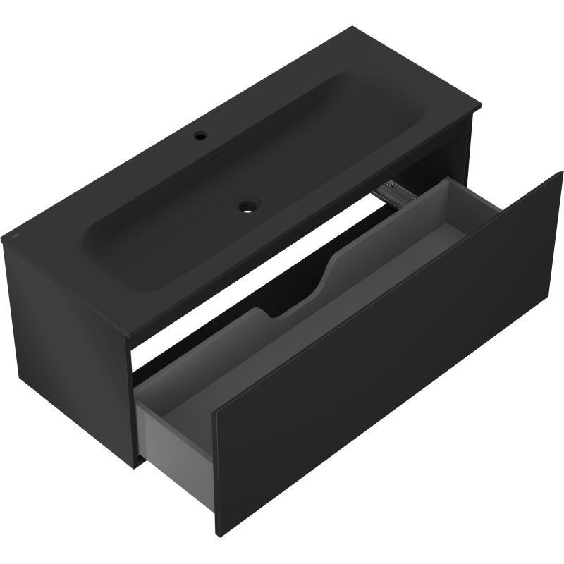 Baderomsskap med vask Mexen Orio 120 cm i svart matt med stor uttrekksskuff og integrert servant.