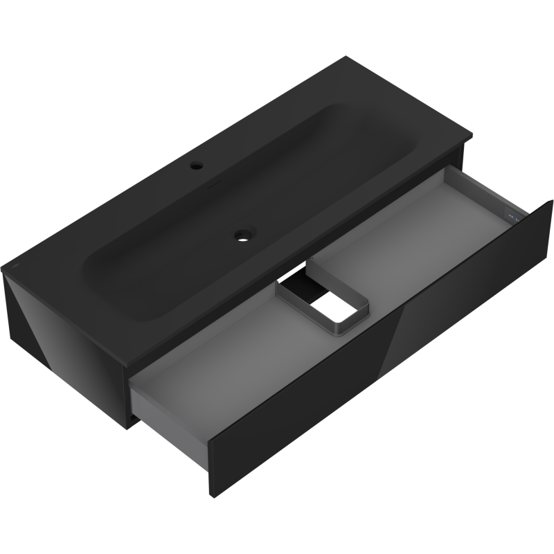 Baderomsskap med vask Mexen Orio Vela 120 cm svart med åpen skuff og synlig utsnitt for rør.
