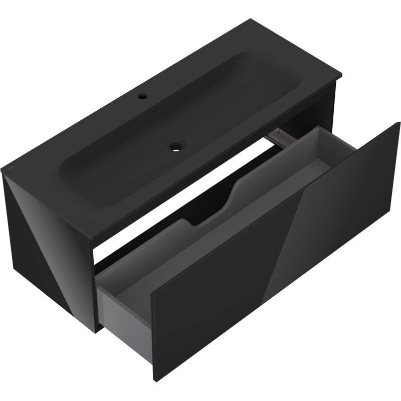 Baderomsskap med vask Mexen Orio Vela 120 cm svart, skuff trukket ut og synlig avløpsspor.