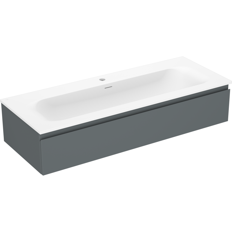 Servantskap med vask 120 cm grafitt matt og hvit matt med én skuff, sett fra skrå vinkel.