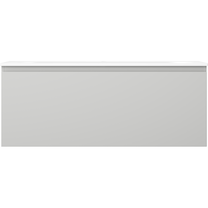 Servant med skap i grå matt metall med hvitt lokk, sett forfra mot nøytral bakgrunn.