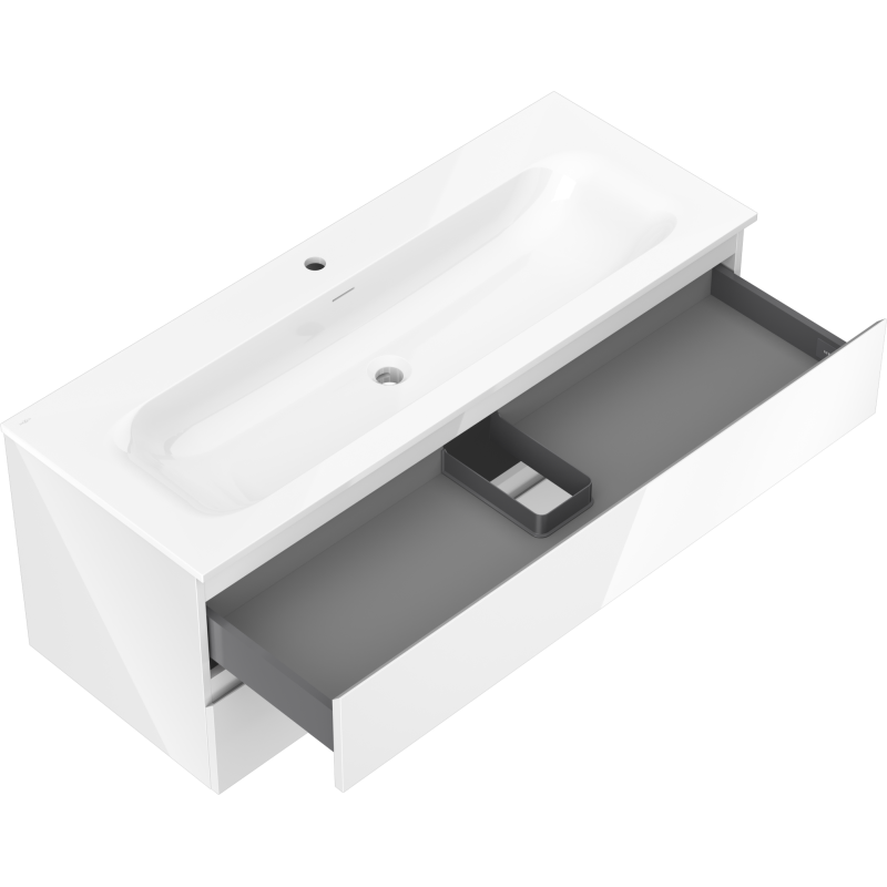 Baderomsskap med vask Mexen Orio 120 cm, hvit høyglans, åpen skuff med grå avdeler.