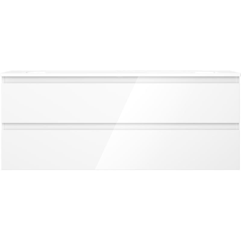 Servant med skap i hvit høyglans med to brede skuffer, sett rett forfra.