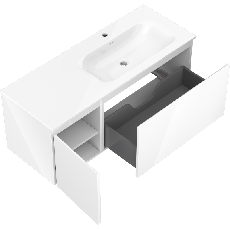 Baderomsskap med vask 120 cm hvit Mexen Orio Vela med åpen skuff og dør, viser innvendig oppbevaring.
