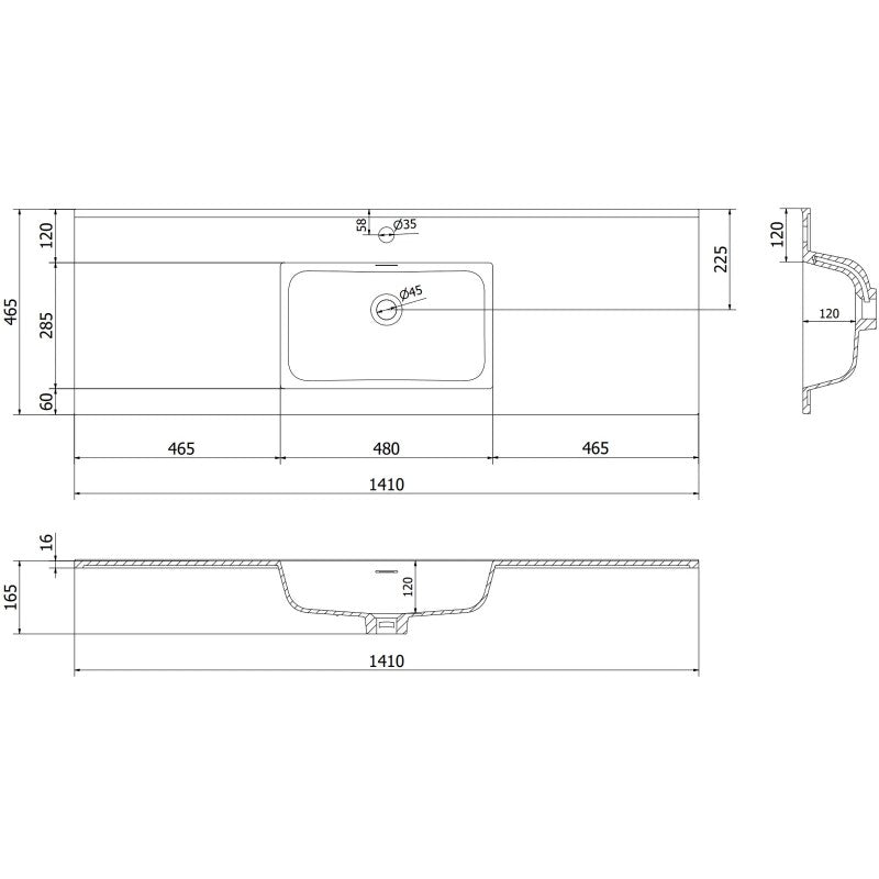 Servant med skap teknisk strektegning med mål for Mexen Orio/Otis 140 cm hvit servantskap.