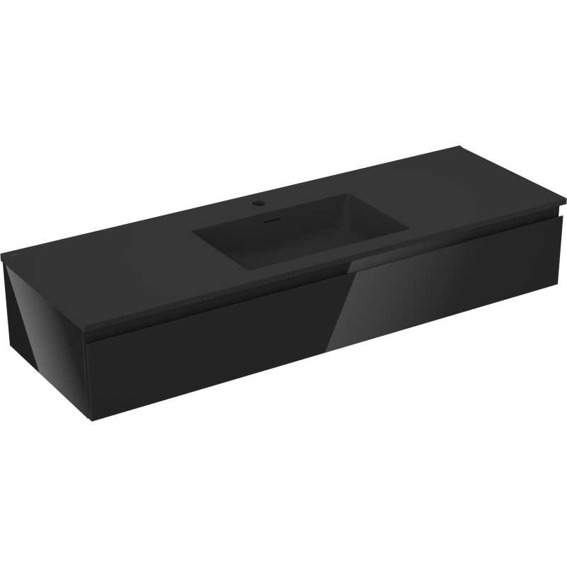 Servantskap med vask 140 cm i matt svart med én skuff, sett fra skrå vinkel, moderne design.