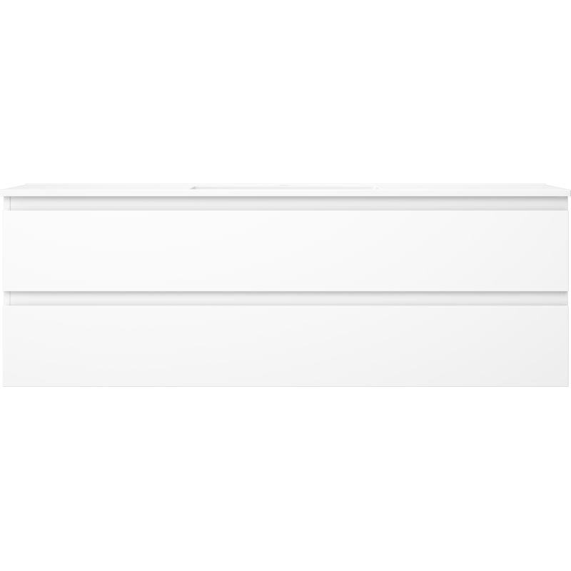 Servant med skap i hvit matt finish med to brede skuffer, sett rett forfra.