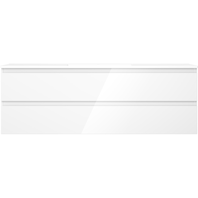 Servant med skap i hvit høyglans, 140 cm, to skuffer uten synlige håndtak.