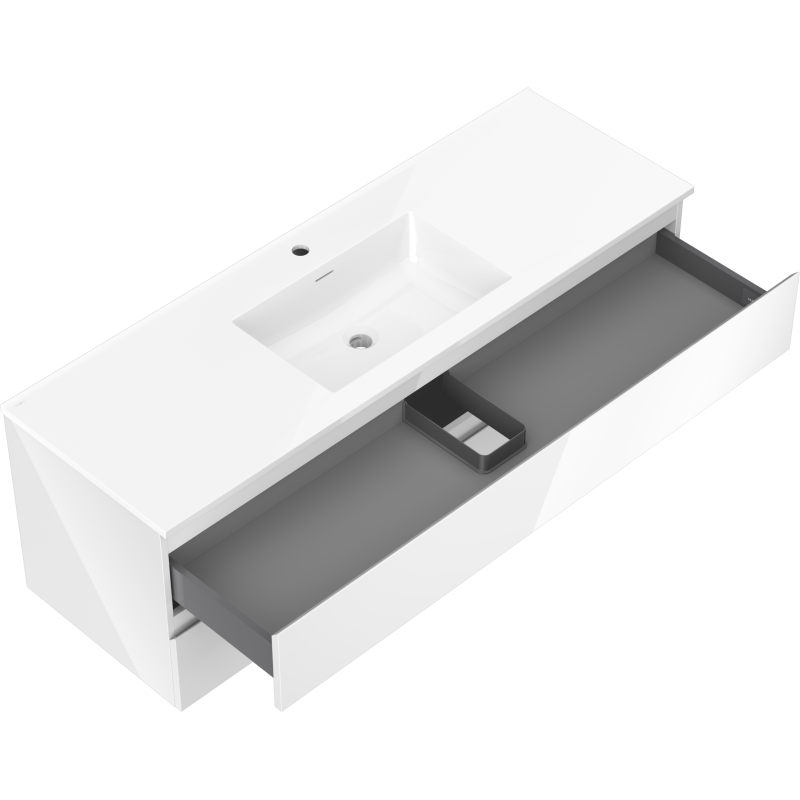 Baderomsskap med vask 140 cm hvit, skuff trukket ut med grå innside og uttakbar inndeling.