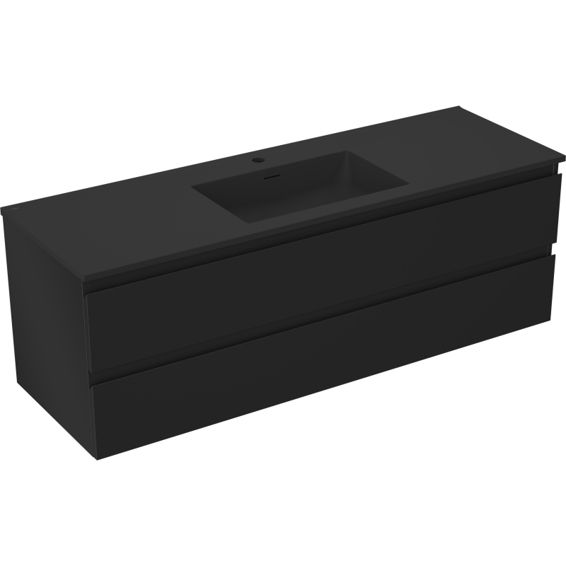 Servantskap med vask 140 cm svart matt med to brede skuffer og integrert servant, sett fra skrå vinkel.