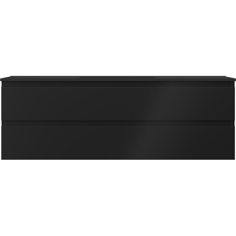 Servant med skap i svart matt med to skuffer, sett forfra i moderne design uten håndtak.