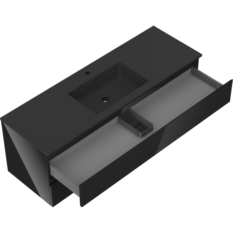 Baderomsskap med vask Mexen Orio 140 cm i svart matt, åpen skuff med organisator, integrert servant.