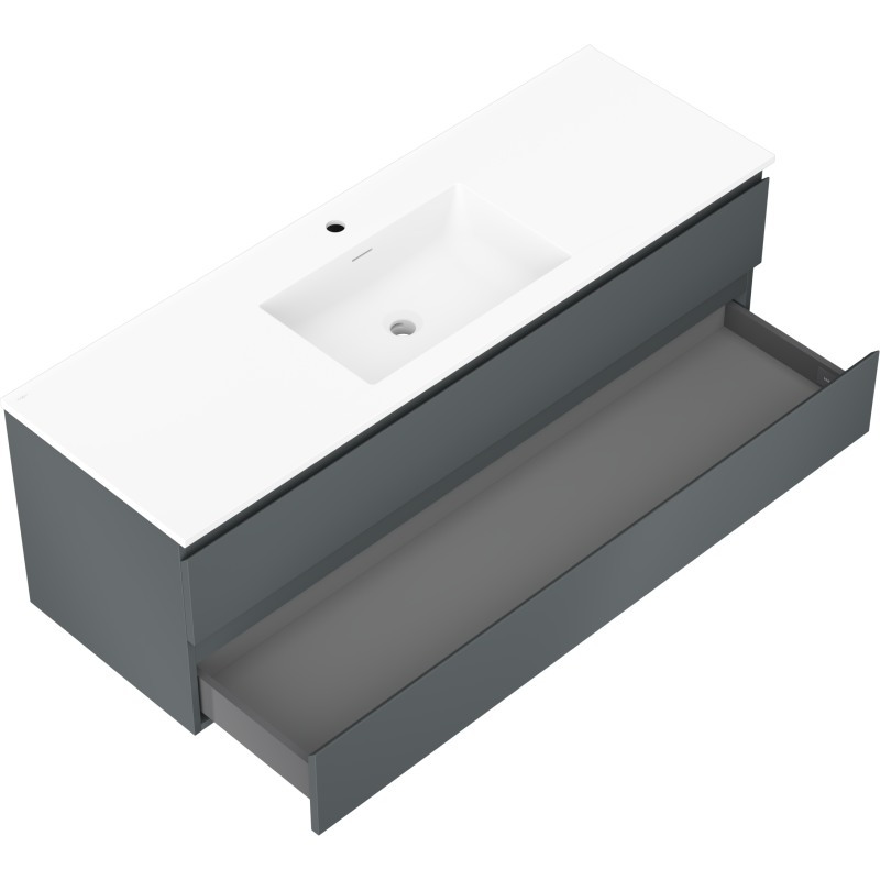 Baderomsskap med servant Mexen Orio 140 cm i grafitt og hvit matt, vist skrått ovenfra med åpen skuff.