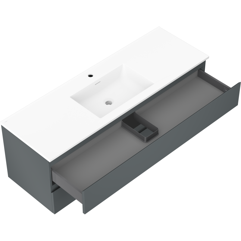 Baderomsskap med vask Mexen Orio 140 cm i grafitt og hvit matt, åpen skuff med innsats.