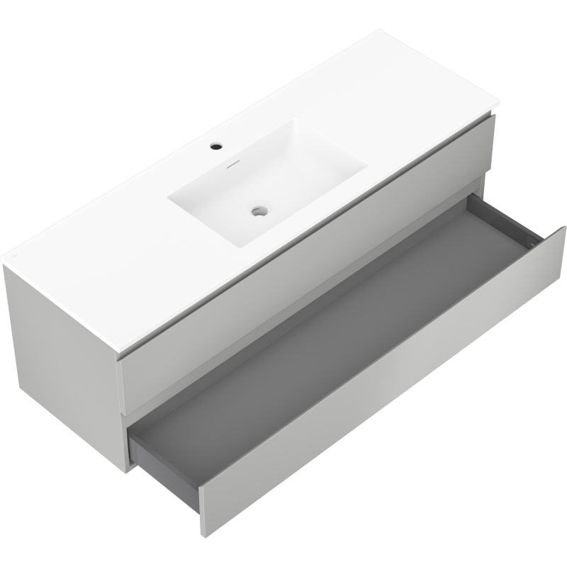 Baderomsskap med servant Mexen Orio 140 cm i hvit utførelse, skråvinkel som viser åpen skuff.