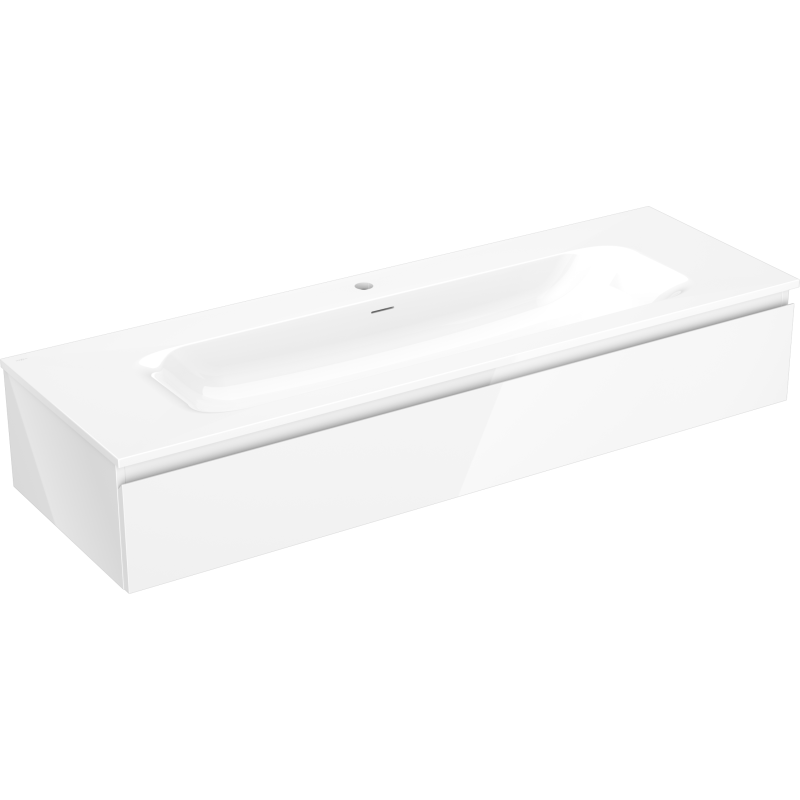 Servantskap med vask 140 cm hvit Mexen Orio Vela med én skuff, sett forfra i skrå vinkel.