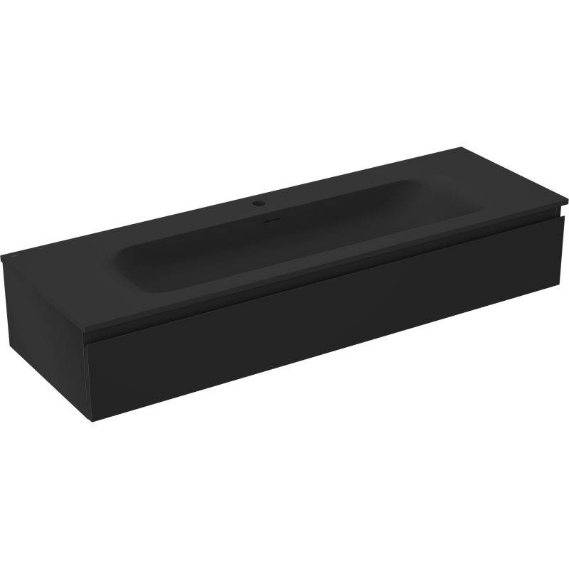 Servantskap med vask 140 cm svart matt med én skuff, sett skrått forfra i moderne design.