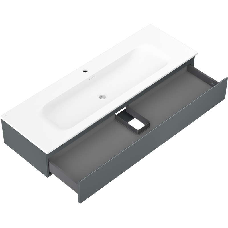 Baderomsskap med vask Mexen Orio 140 cm i grafitt matt med hvit servant og åpen skuff.