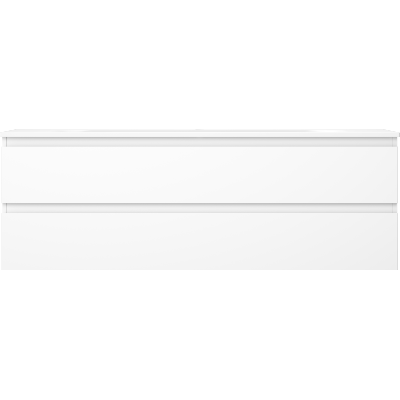 Servant med skap i hvit matt finish med to skuffer, minimalistisk design uten synlige håndtak.