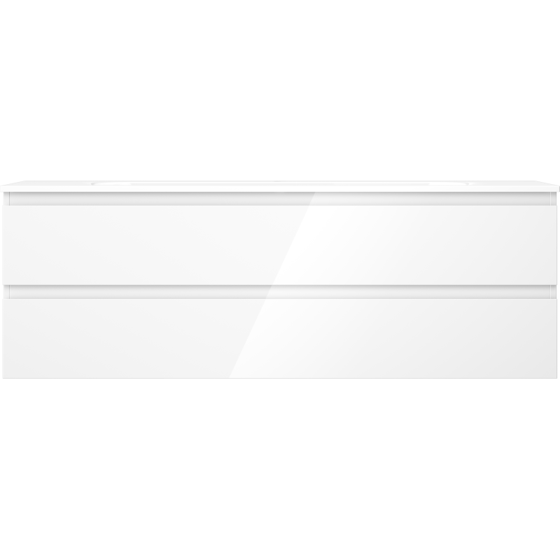 Servant med skap i hvit høyglans med to skuffer, sett rett forfra uten synlige håndtak.