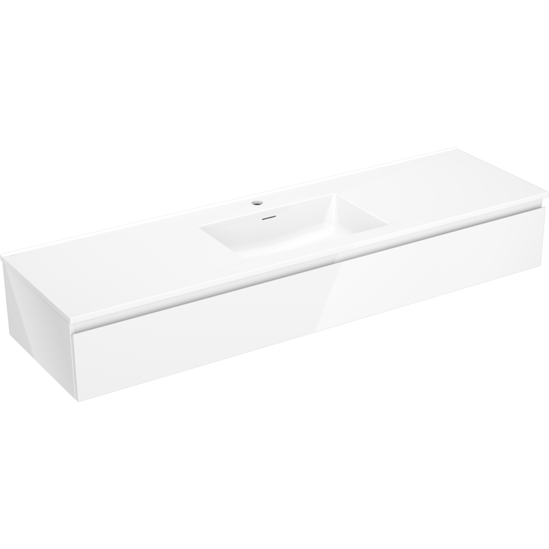 Servantskap med vask 160 cm hvit Mexen Orio/Otis med rektangulær servant, sett fra skrå vinkel.